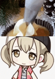 a close up of a girl 's face next to a picture of a cake being decorated