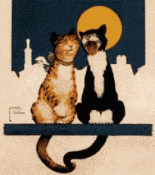a painting of two cats sitting on a ledge with the letter f on the bottom right