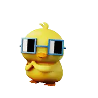 a yellow cartoon duck wearing blue sunglasses