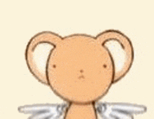 a cartoon of a teddy bear with wings pointing at something .