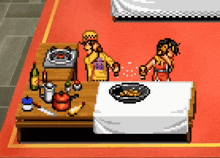 a pixel art of two people standing around a table with food on it