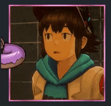 a person is holding a purple donut over a person 's face .
