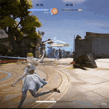 a woman in a white dress is running in a video game with a score of 149/379