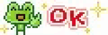 a pixel art of a frog with the word ok in red letters .