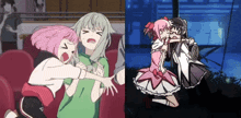 two anime girls are hugging each other and one of them has the number 10 on her shirt
