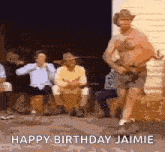 a shirtless man is dancing in front of a group of people sitting on a bench .
