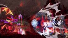 a video game scene with a dragon and a sphere in the middle