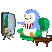 a penguin is sitting in a chair eating popcorn in front of a tv