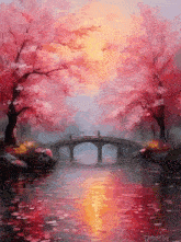 it is a painting of a bridge over a river with cherry blossom trees .