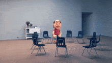 a cartoon character is standing in a room with chairs