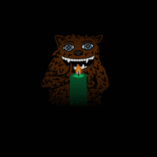 a cartoon of a bear holding a green candle in its mouth
