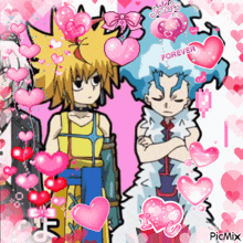 a couple of anime characters surrounded by pink hearts and the word forever on top
