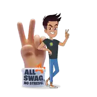 a cartoon character is standing next to a hand that says all swag no stress on it
