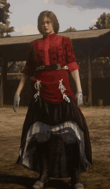 a woman in a red dress and black skirt