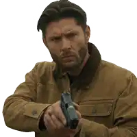 a man in a brown jacket is pointing a gun at the camera