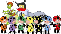a group of cartoon ladybugs are standing next to each other