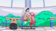 two anime girls are standing next to each other and one of them says " so cute "