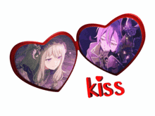 a couple of hearts with the word kiss in red