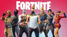 a group of people standing next to each other in front of a fortnite logo .