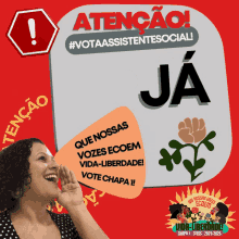 a woman shouting into a megaphone with a sign that says ja on it