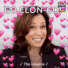 a woman is surrounded by pink hearts with the words go elon-go
