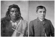 a black and white photo of a native american and a white man