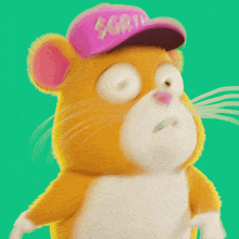 a hamster wearing a pink hat that says squirt no