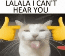 a cat is sticking its tongue out while being pointed at by yellow fingers .
