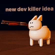 a white rabbit is holding a shotgun in its mouth .