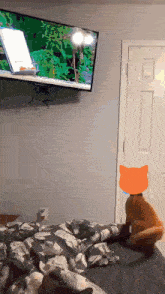 a cat sitting on a bed in front of a tv