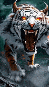 a tiger with its mouth open and red eyes