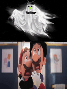 a couple of cartoon characters standing next to each other with a ghost above them
