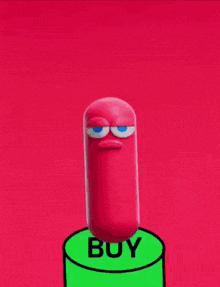 a cartoon character is standing on top of a buy button