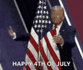 a man in a suit and tie stands in front of an american flag and says " happy 4th of july "