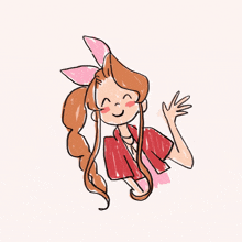 a drawing of a girl with long brown hair and a pink bow