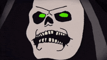a drawing of a grim reaper with glowing green eyes