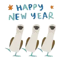three birds are standing in a row with the words happy new year written above them