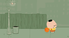 a cartoon character standing next to a trash can and a lamp post
