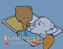 a cartoon of a teddy bear standing next to a teddy bear sleeping on a bed .