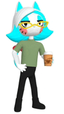 a cartoon character is holding a cup of coffee and wearing glasses .