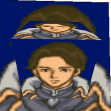 a cartoon of a man 's face is shown in a blue background