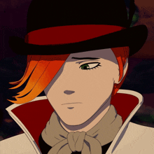 a cartoon character with red hair and green eyes wearing a black hat