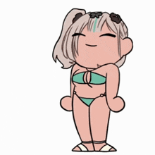 a cartoon girl in a bikini is standing with her eyes closed