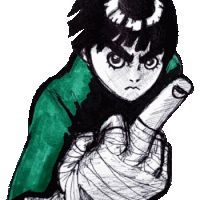 a black and white drawing of a boy with a green shirt giving the middle finger