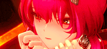 a close up of a red haired anime girl with a triangle on her head