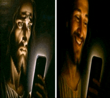 a painting of jesus looking at a cell phone next to another painting of jesus smiling