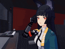 a black haired anime girl with red eyes is holding a microphone in front of a piano
