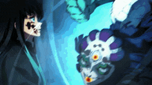 a cartoon drawing of a man and a monster with a blue background