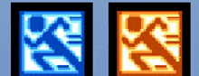 a blue and an orange pixel art of a man running