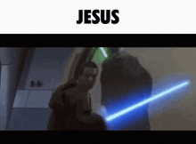 a man is holding a light saber in front of another man .